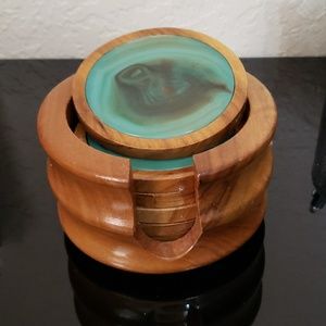 Wood and emerald green nacar coaster set